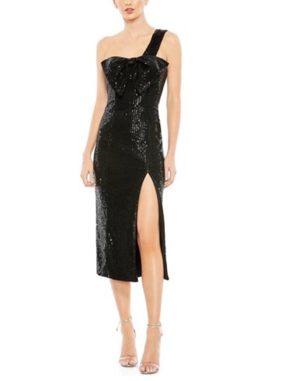 Mac Duggal Black Sequined One Shoulder Front Bow Dress Size 6